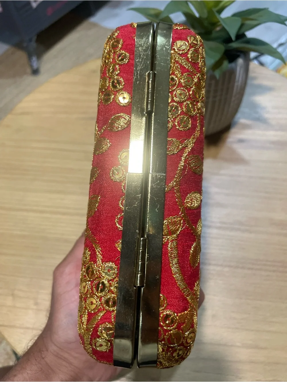 Embroidered Red Evening Clutch with Gold Detail